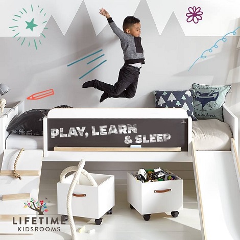 Lifetime actie kinderbed,LIMITED EDITION bed, Play, Learn , Sleep,glijbaan,trap,touw,schoolbord,dealer theo bot
